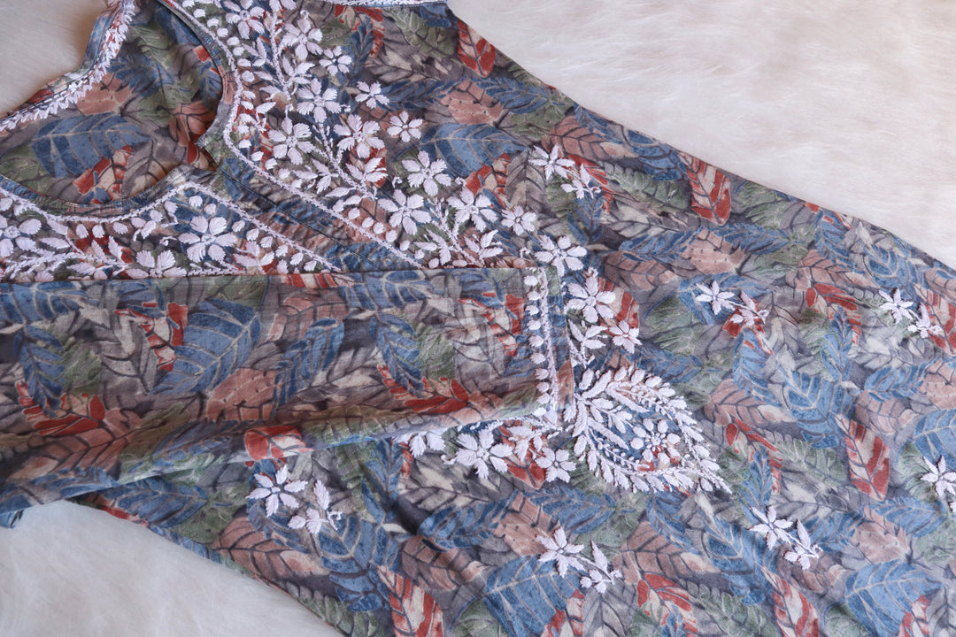 Zahra Grey Floral Long MulMul kurta