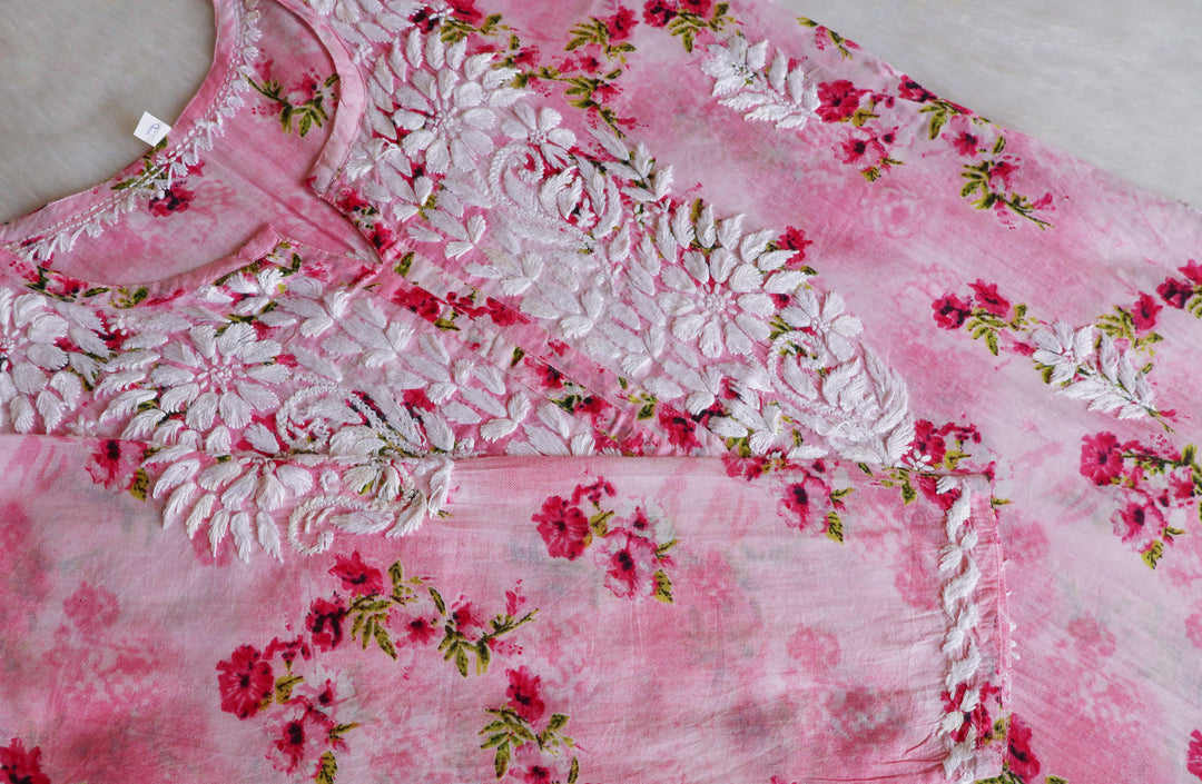 Gul Pink Floral Long MulMul Kurta