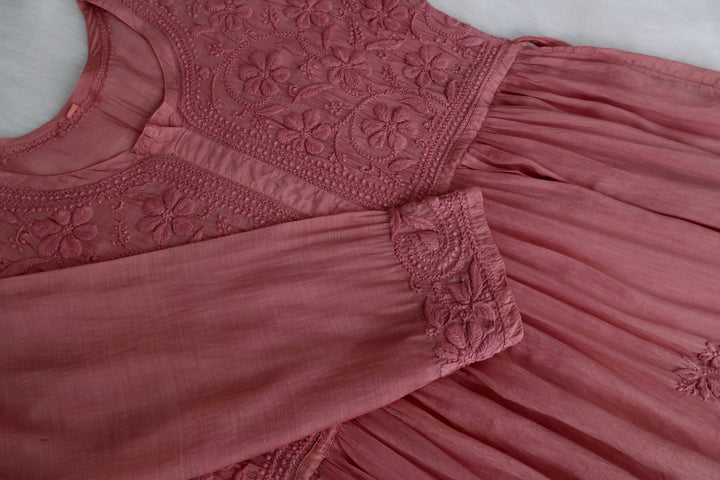 Aafiyat Pure Muslin Rose Brown Chikankari Fit and Flare dress