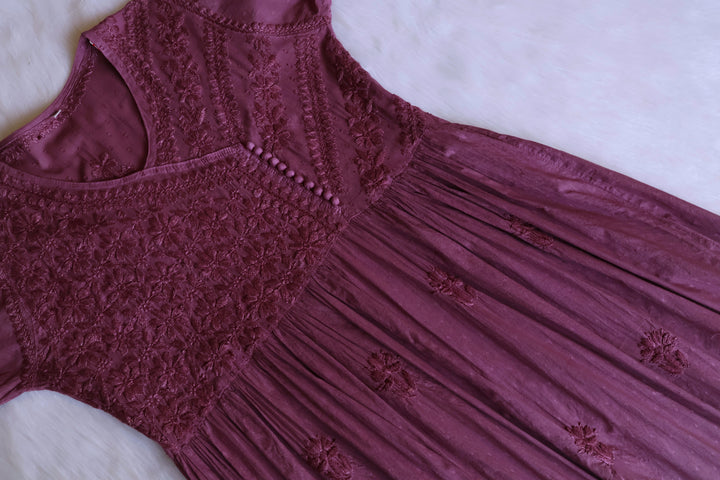 Nazakat Deep Purple Pure Cotton Angarakha Dress - Noor Chikankari
