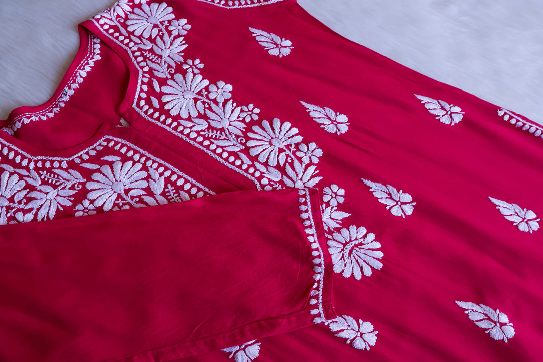 Duaa Deep Pink Long Rayon kurta - Noor Chikankari