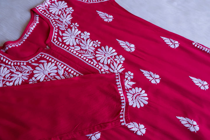 Duaa Deep Pink Long Rayon kurta - Noor Chikankari