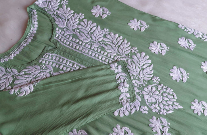 Mehr Green Long Modal Kurta - Noor Chikankari