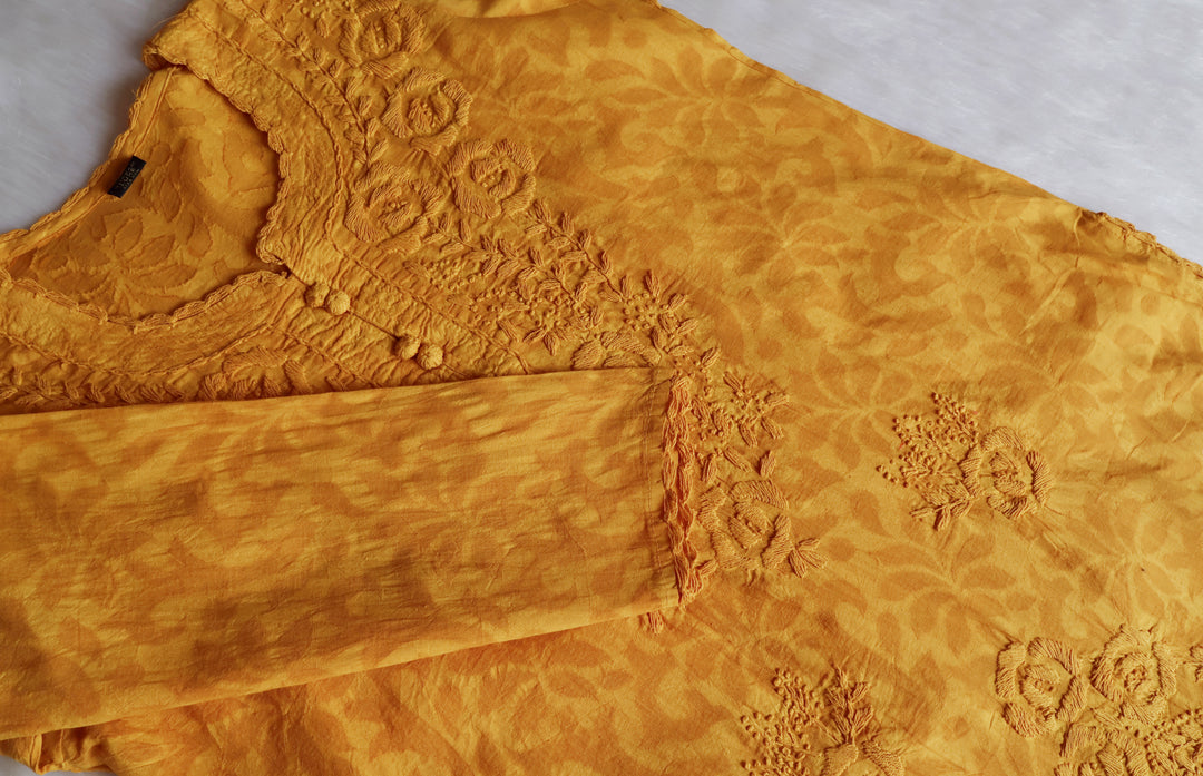 Mustard Yellow Long Jacquard Lace Cotton kurta