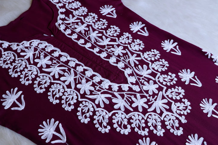 Mira Deep Purple Rayon Kurta Pant set - Noor Chikankari
