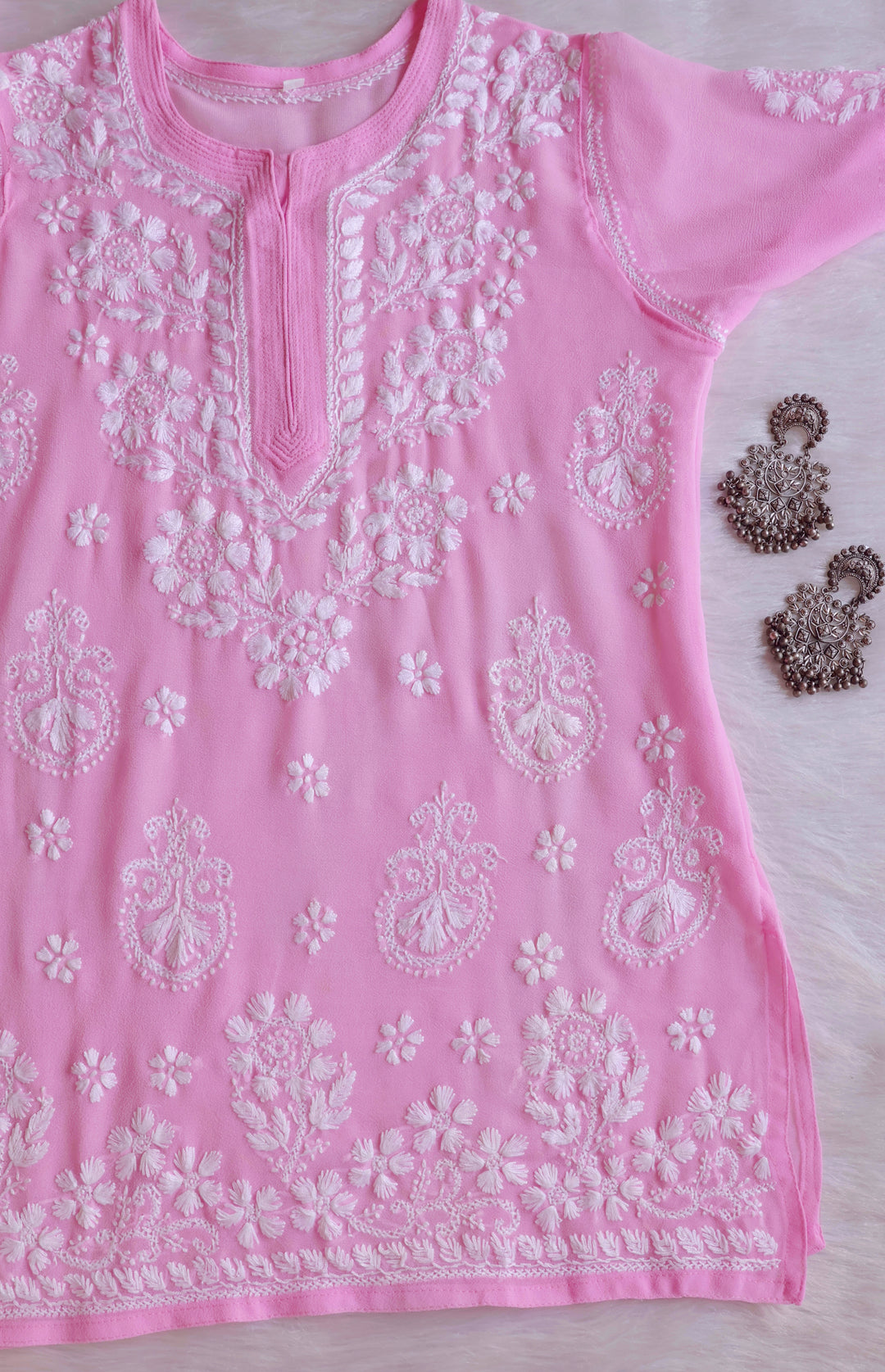 Zaira Baby Pink & White Short Georgette Kurta - Noor Chikankari