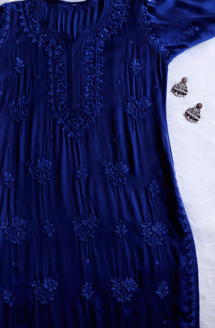 Mehr Royal Blue Long Modal Silk Kurta - Noor Chikankari