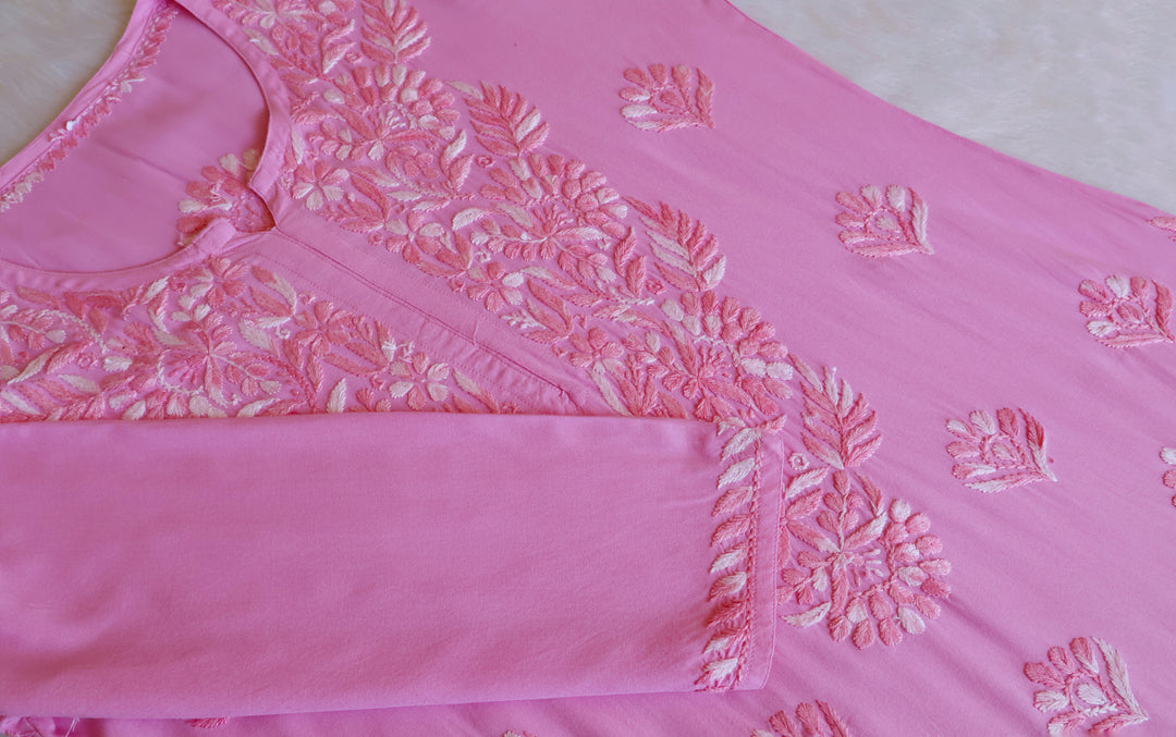 Nuresa Baby Pink Ombre Thread Long Rayon Kurta