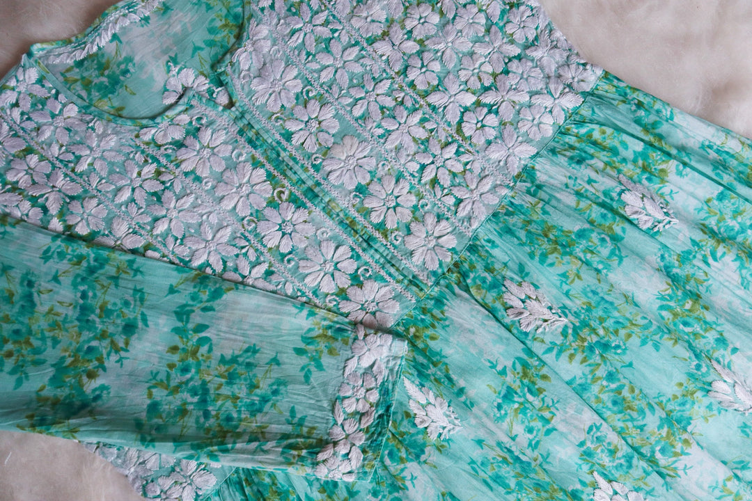 Meera Mint Green Floral Mulmul Fit & flare Dress