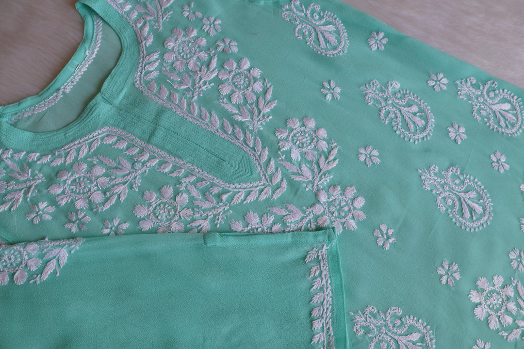 Zaira Mint Green & White Short Georgette Kurta - Noor Chikankari