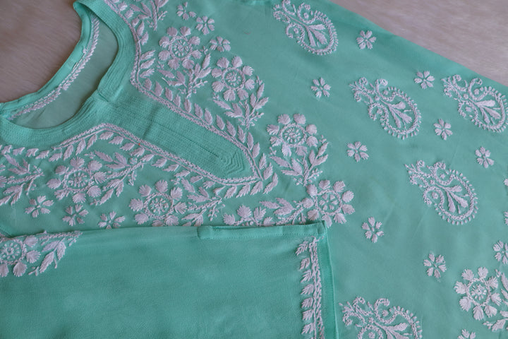 Zaira Mint Green & White Short Georgette Kurta - Noor Chikankari