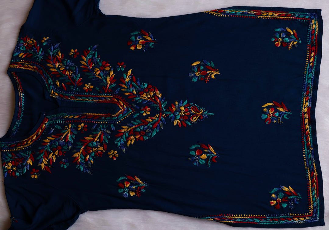 Maaham Navy Blue & Multicoloured Short Rayon Kurta