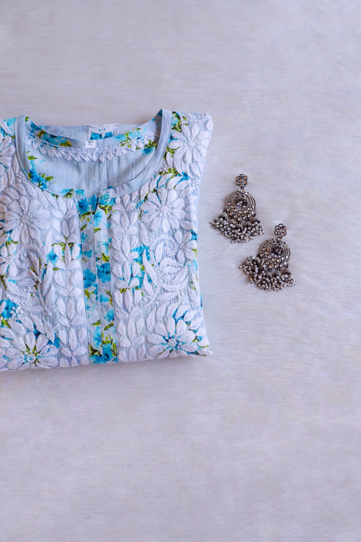 Gul Blue Floral Long MulMul Kurta