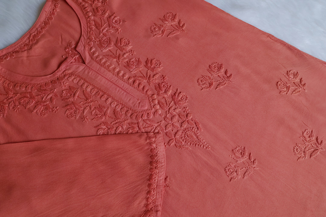Gul Rose Brown Short Rayon Kurta - Noor Chikankari