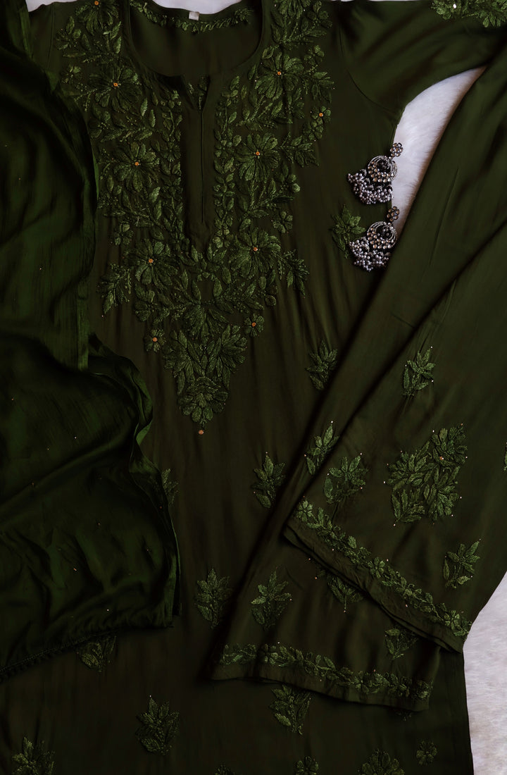 Naira Olive Green Rayon Mukaish 3 Piece Set
