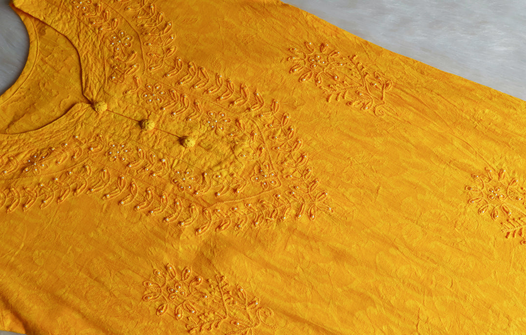 Yellow Long Jacquard Pearl Cotton kurta