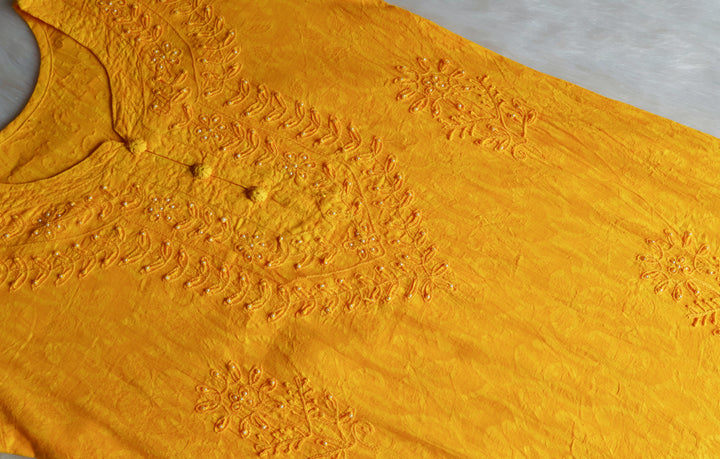 Yellow Long Jacquard Pearl Cotton kurta