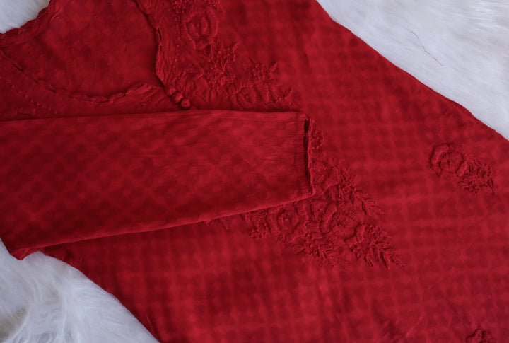 Red Long Cotton Jacquard kurta