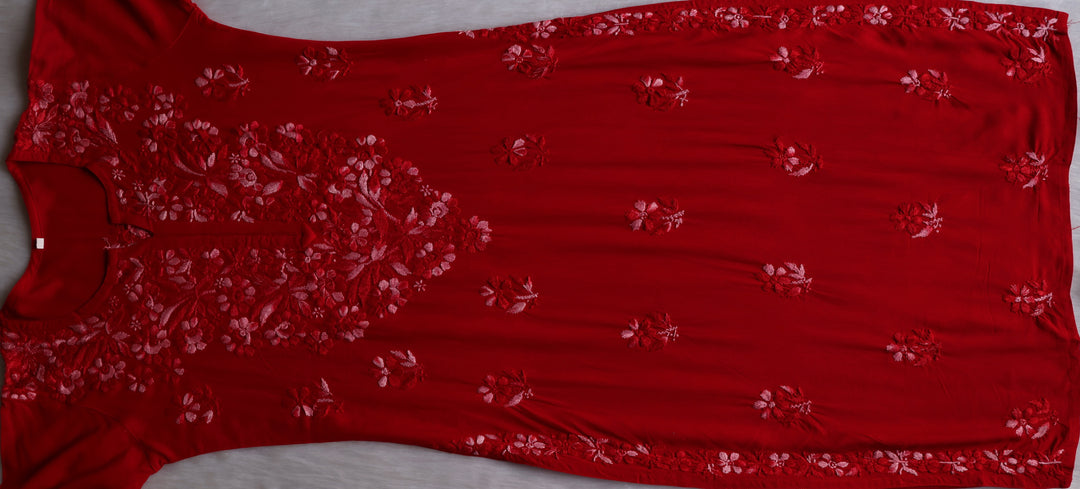 Nuresa Red Ombre Thread Long Rayon Kurta