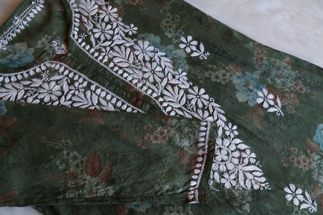 Dahlia Green Floral Long MulMul kurta - Noor Chikankari