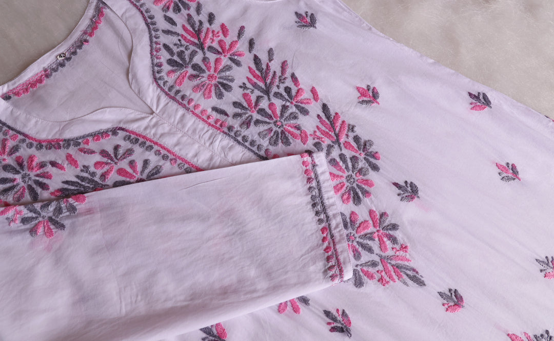Gul Kashmiri White & Pink Grey Pure Cotton Kurta
