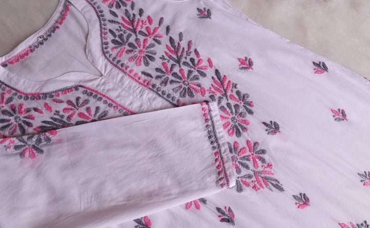 Gul Kashmiri White & Pink Grey Pure Cotton Kurta