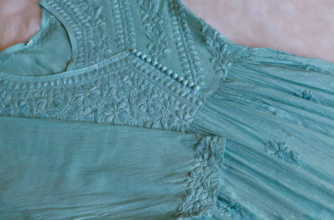 Nazakat Sage Green Pure Cotton Angarakha Dress - Noor Chikankari