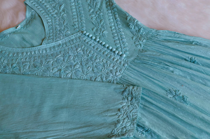 Nazakat Sage Green Pure Cotton Angarakha Dress - Noor Chikankari