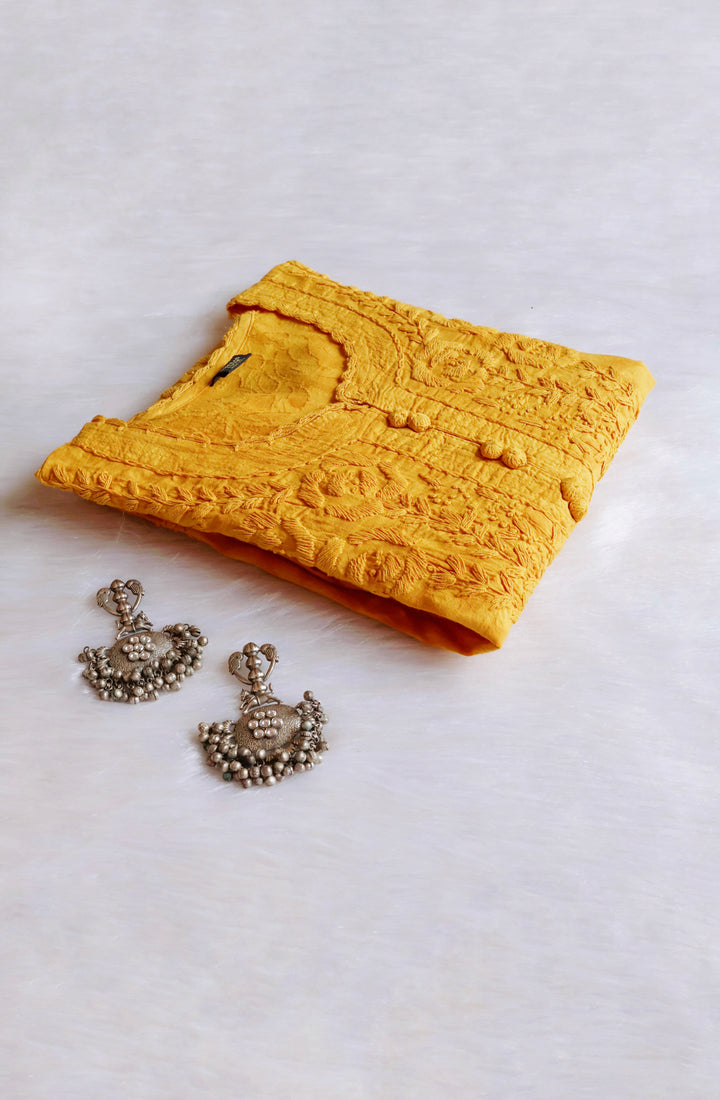 Yellow Long Jacquard Lace Cotton kurta