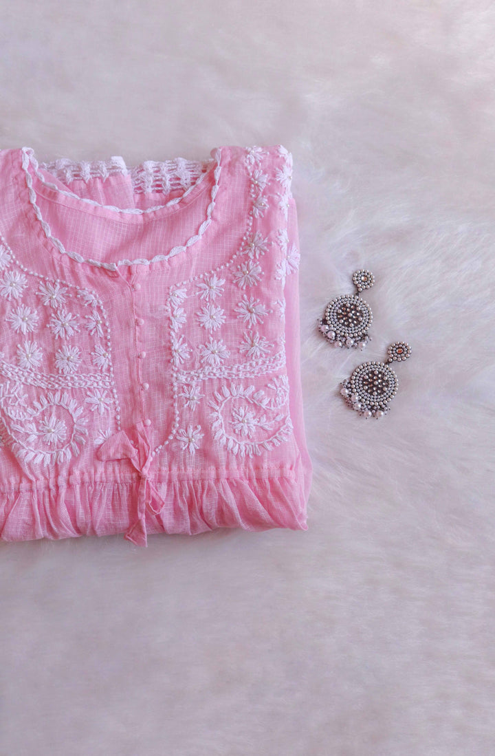 Daania Baby Pink & White Kota Pearl short Frock