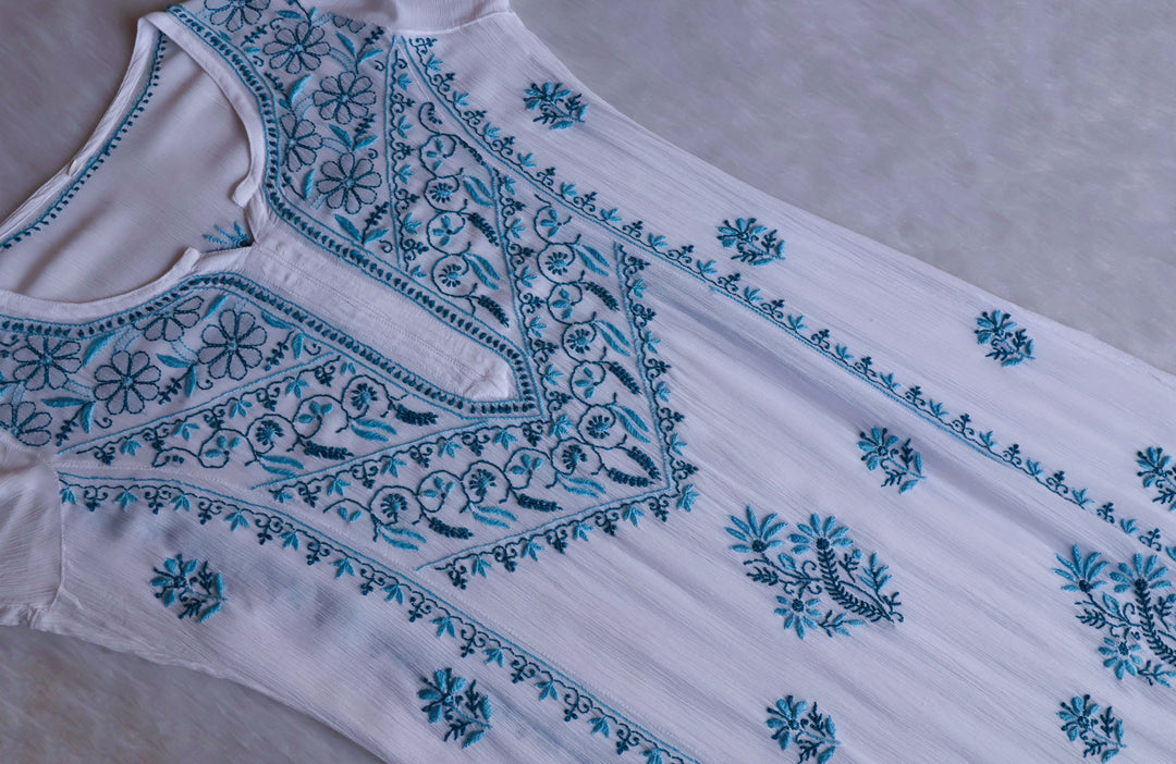 Hoorain White & Blue Pure Chiffon Kurta