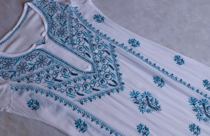 Hoorain White & Blue Pure Chiffon Kurta