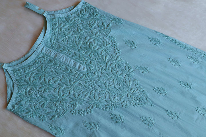 Noor Mint Blue Sleeveless Pure Cotton Long Kurta