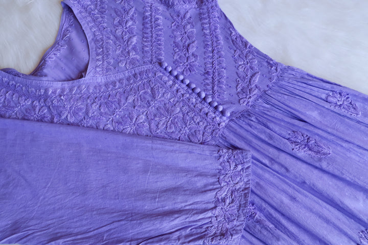 Nazakat Lilac Pure Cotton Angarakha Dress - Noor Chikankari