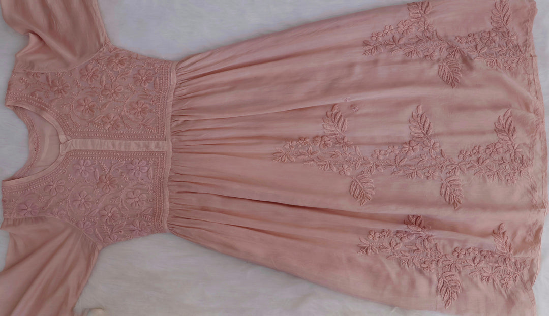 Aafiyat Pure Muslin Beige Chikankari Fit and Flare dress