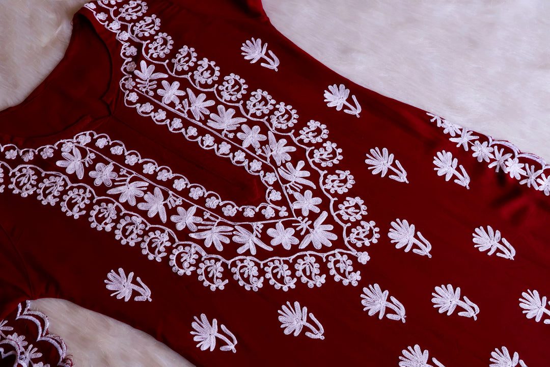 Mira Maroon Rayon Kurta Pant set - Noor Chikankari
