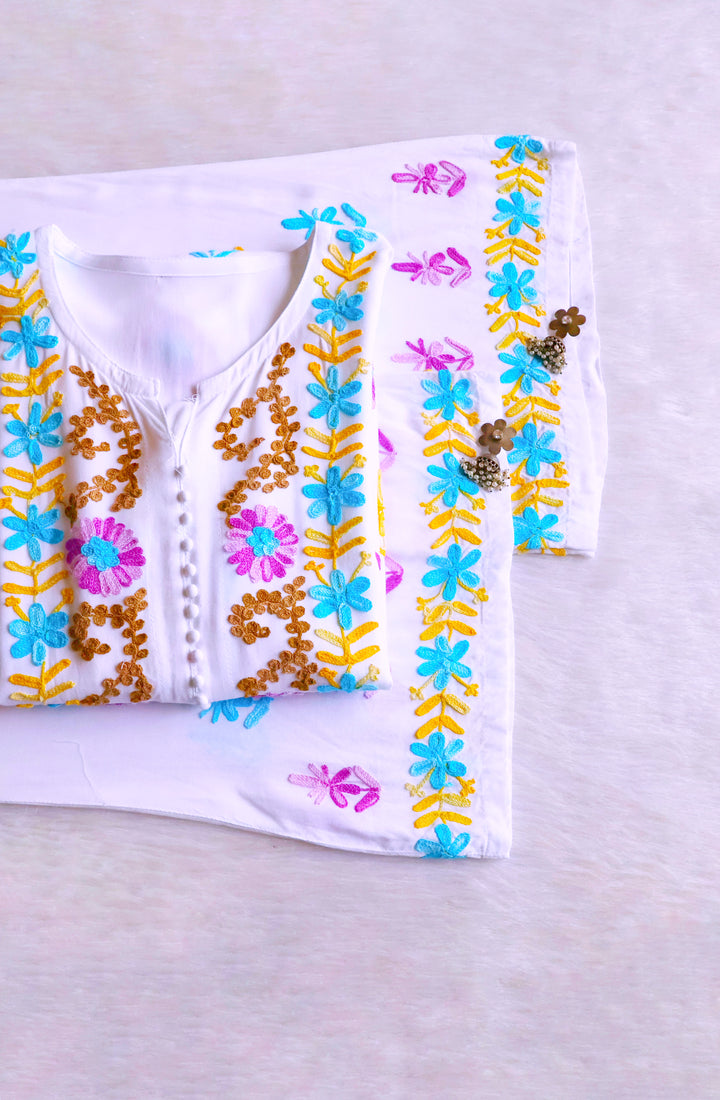 Anah White & Blue Purple Rayon Kurta Pant set