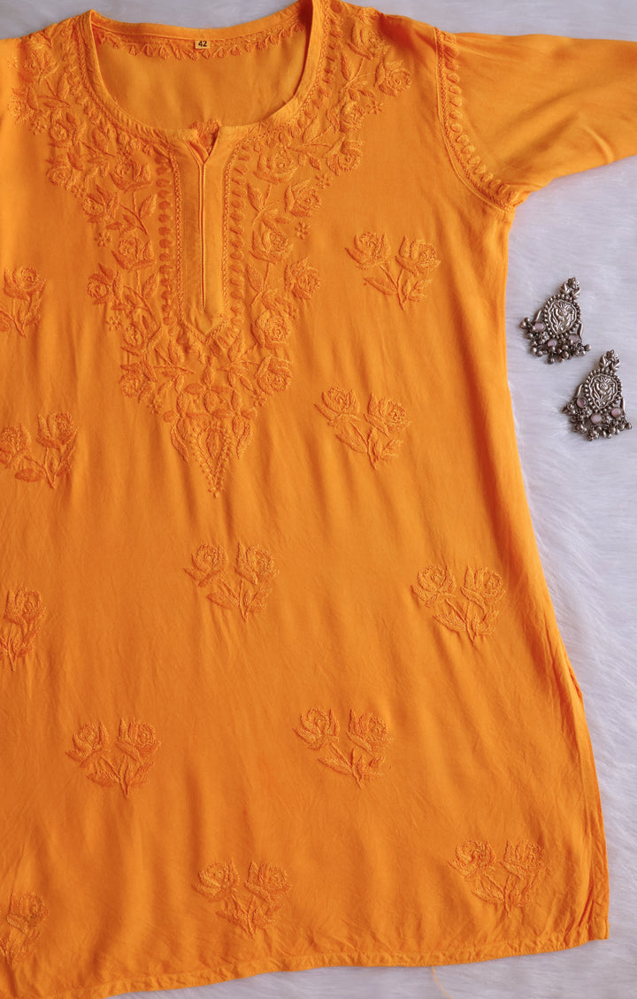 Gul Mango Yellow Short Rayon Kurta - Noor Chikankari