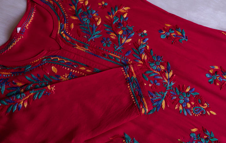 Maaham Deep Pink & Multicoloured Short Rayon Kurta