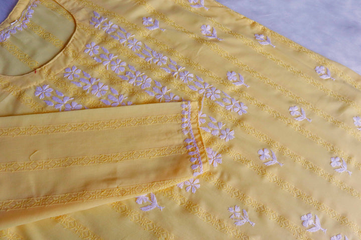 Maliha Yellow Cotton Schiffli long kurta