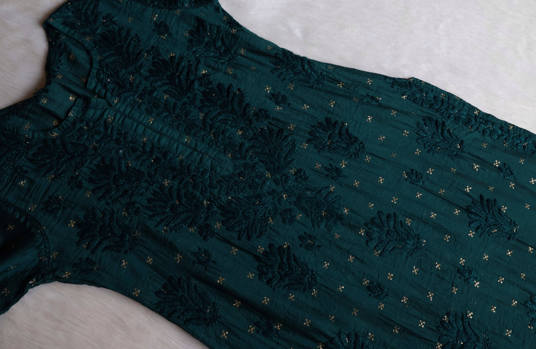 Nazakat Deep Green Premium Long Chanderi Kurta