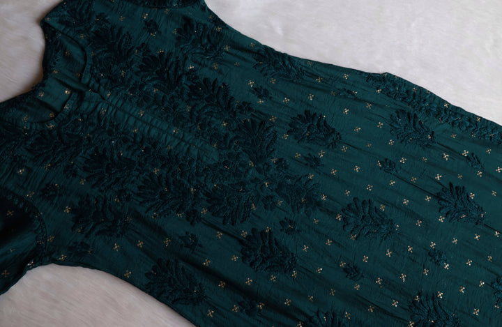 Nazakat Deep Green Premium Long Chanderi Kurta