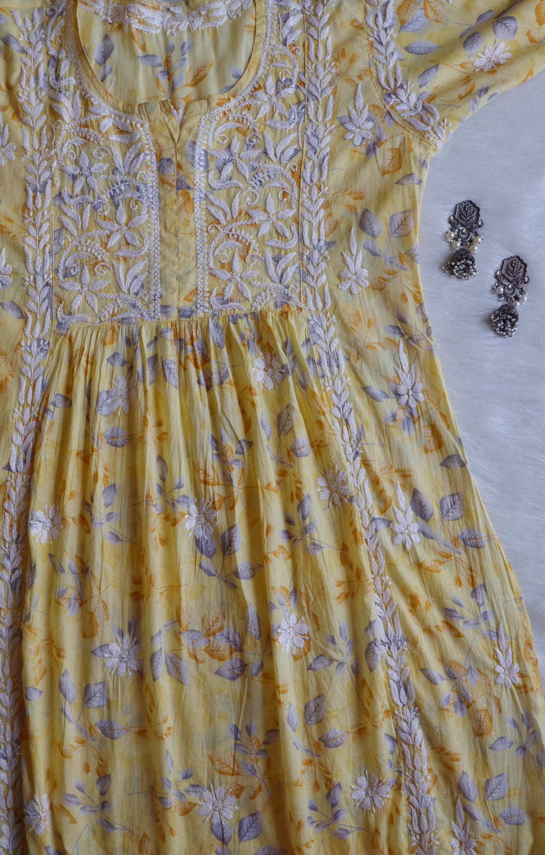 Ayra Yellow Floral Mulmul Nyra Cut Dress - Noor Chikankari