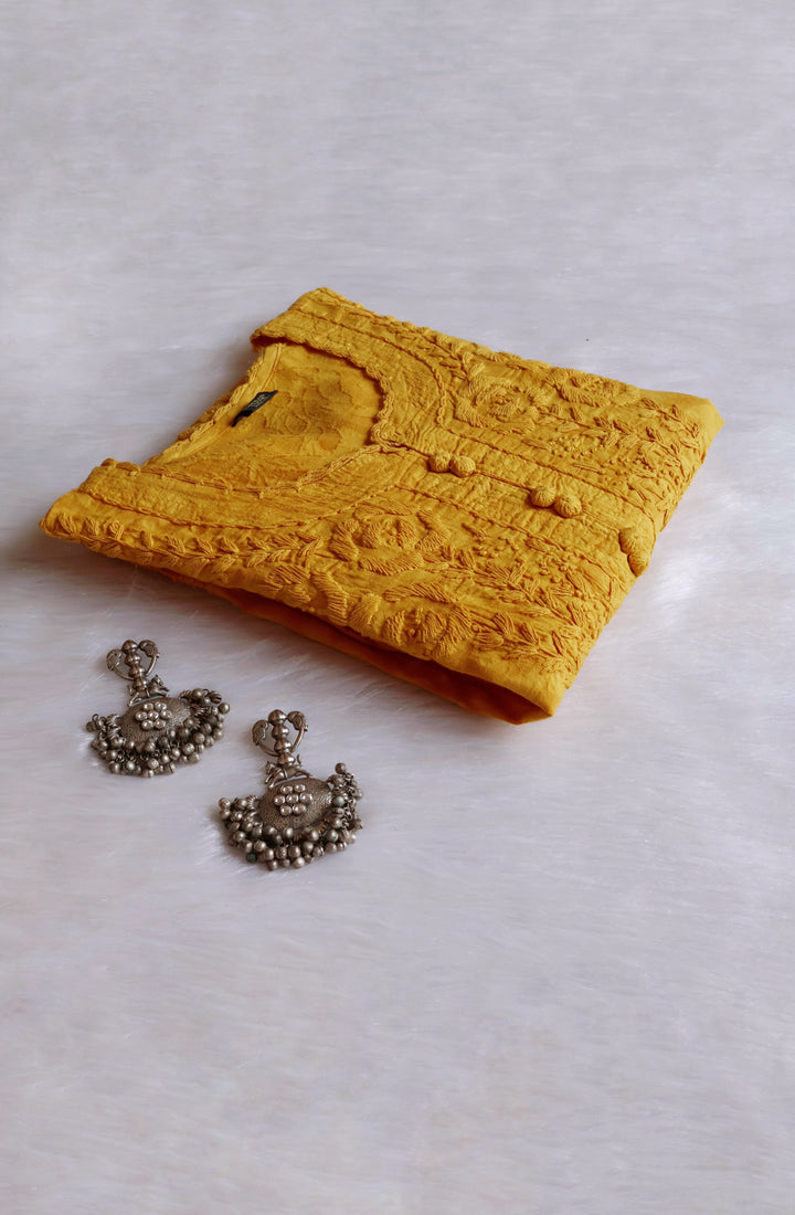 Mustard Yellow Long Jacquard Lace Cotton kurta