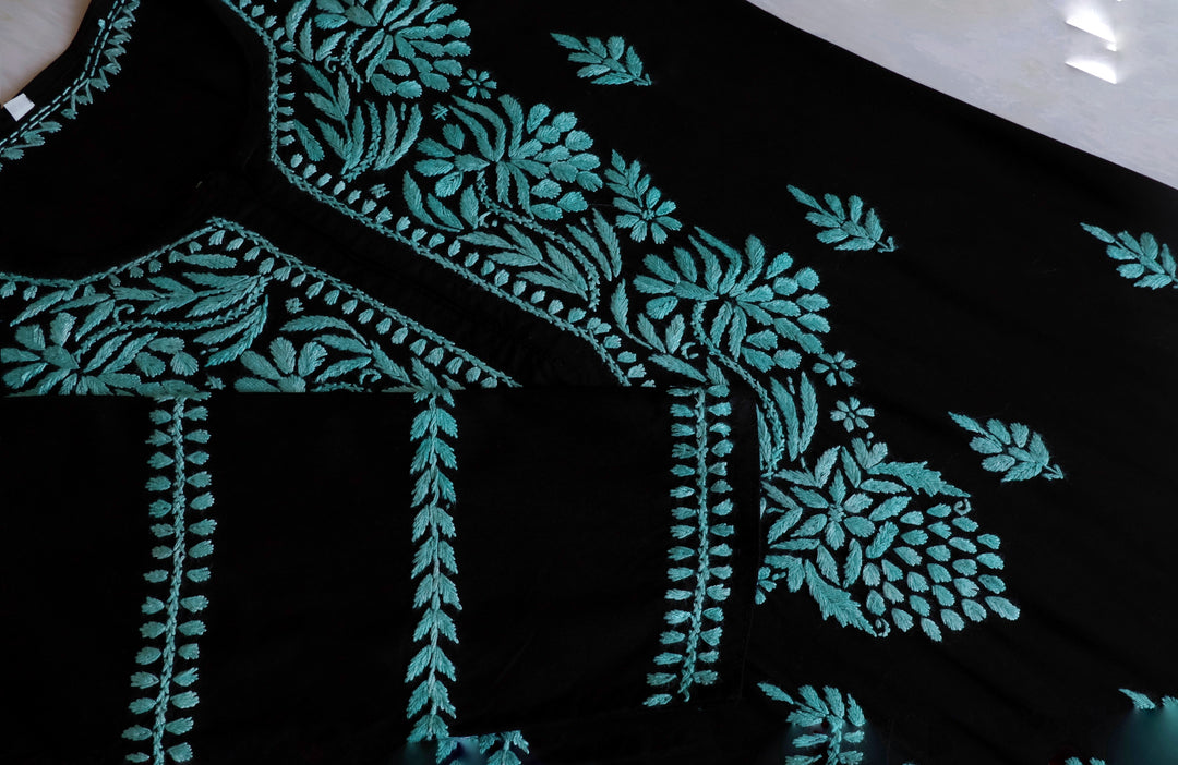 Noora Black & Sky Blue Long Rayon kurta - Noor Chikankari