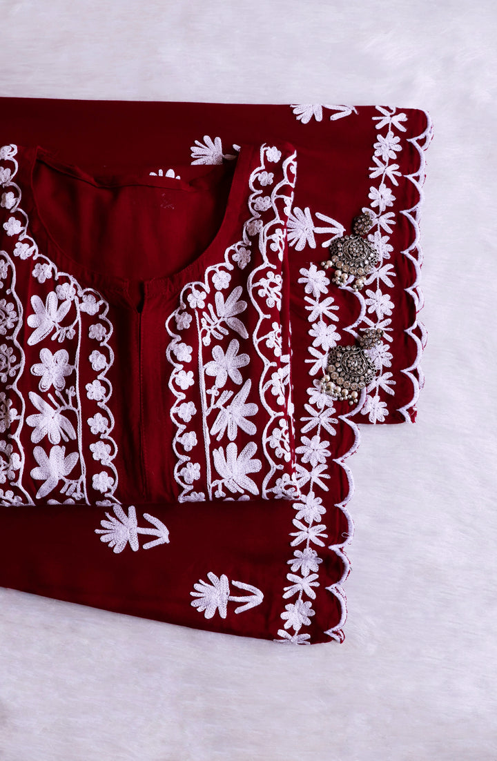 Mira Maroon Rayon Kurta Pant set - Noor Chikankari