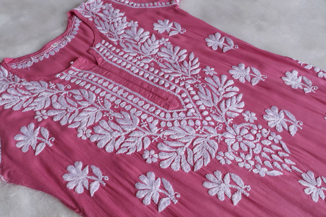 Mehr Mauve Pink Long Modal Kurta - Noor Chikankari