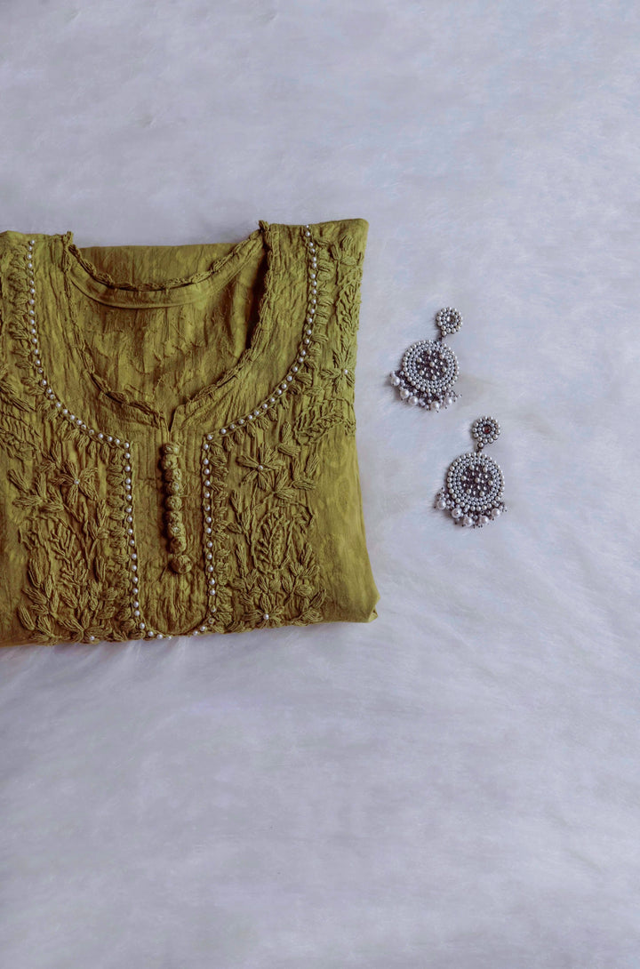 Olive Green Long Jacquard Pearl Cotton kurta
