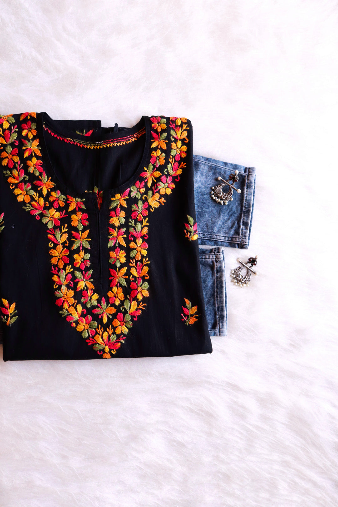 Nazila Black & Multicoloured Short Cotton Kurta