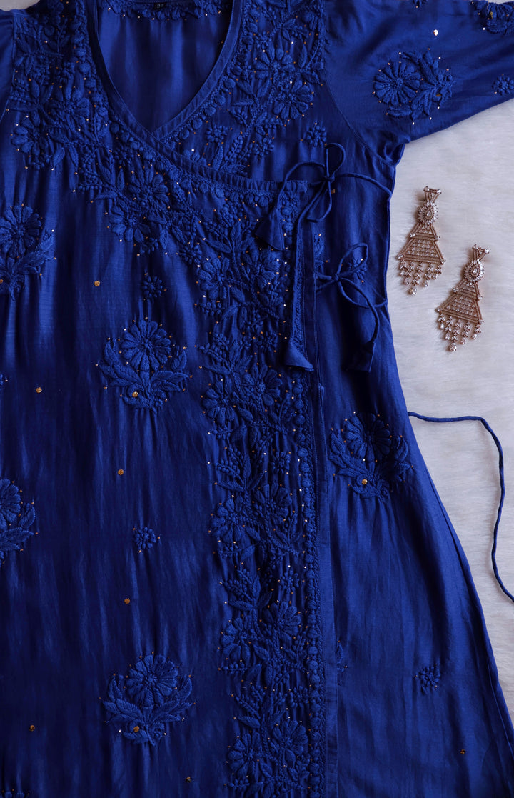 Noor Royal Blue Pure Chanderi Silk Angarakha